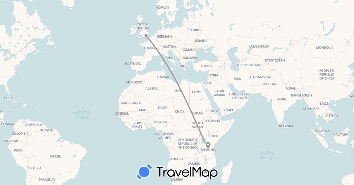 TravelMap itinerary: driving, plane in United Kingdom, Tanzania (Africa, Europe)
